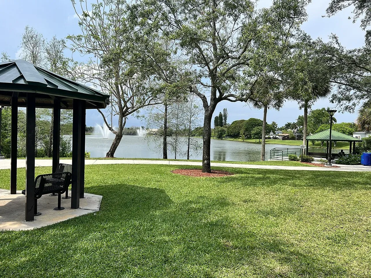 Lakeside gazebo and fountains at Windmill Park, Coconut Creek