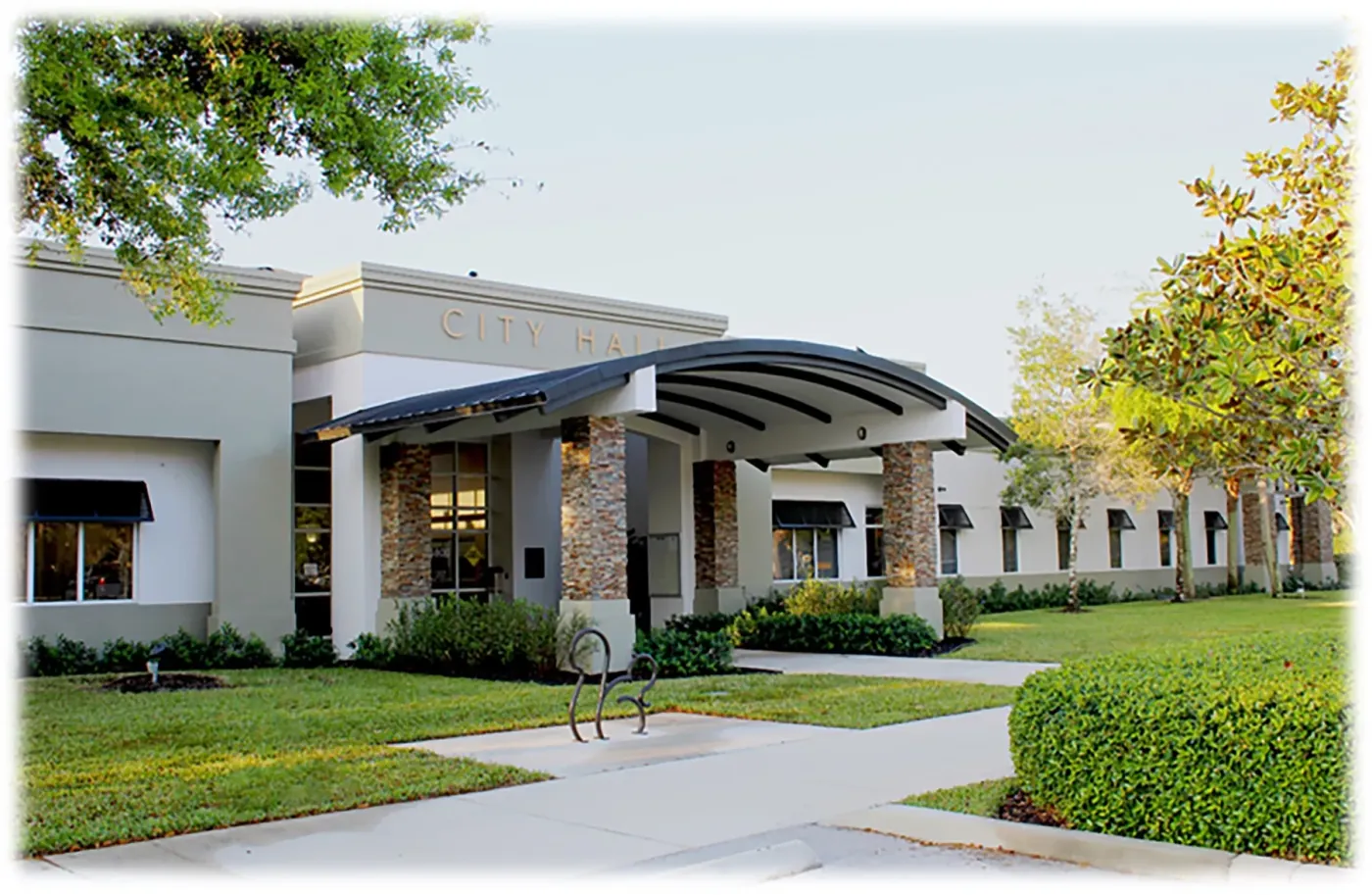 Landscaped entrance to Greenacres City Hall in Greenacres, Florida