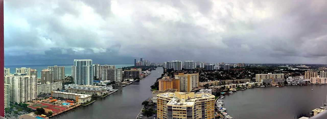 Panoramic skyline over Intracoastal Waterway and condo towers, Hallandale Beach, FL