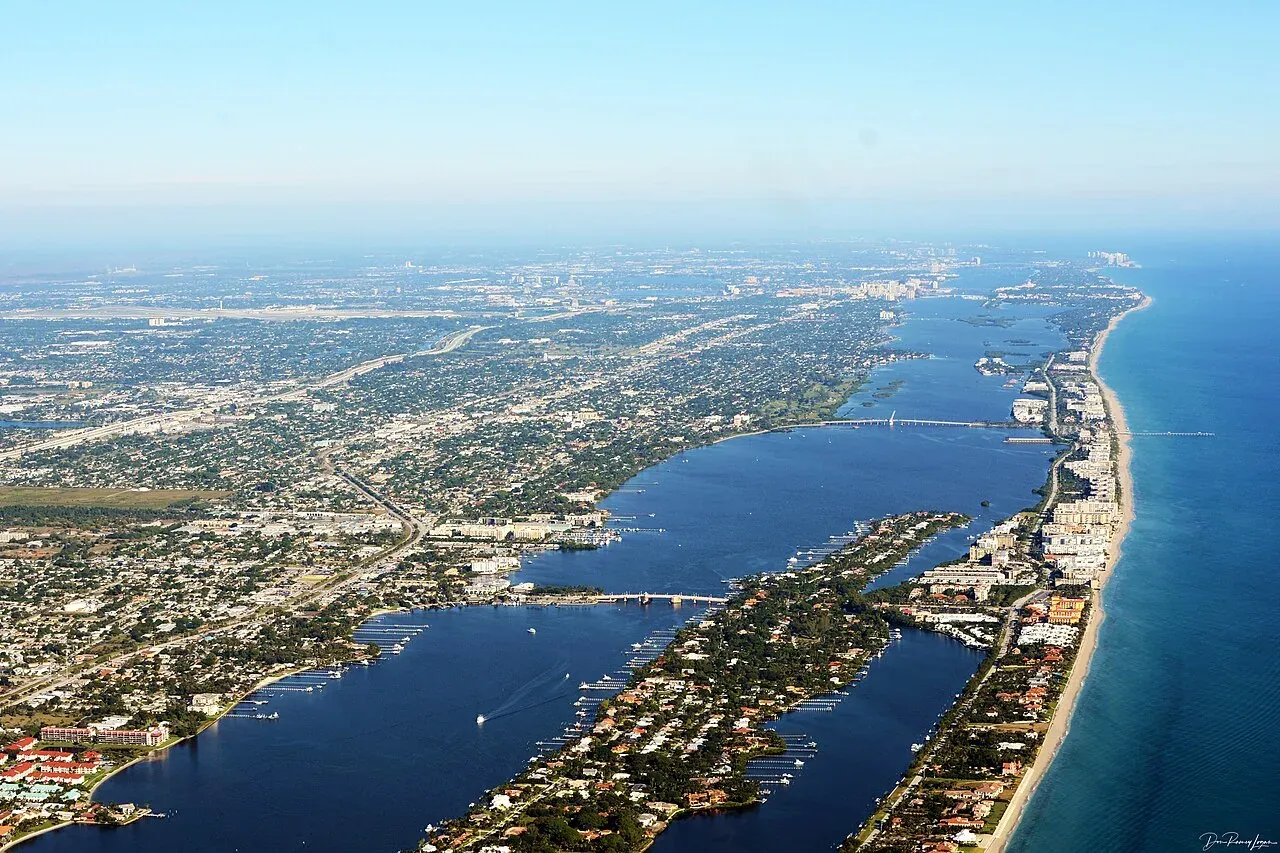Aerial view of Lantana waterfront and barrier island beach, Lantana, FL