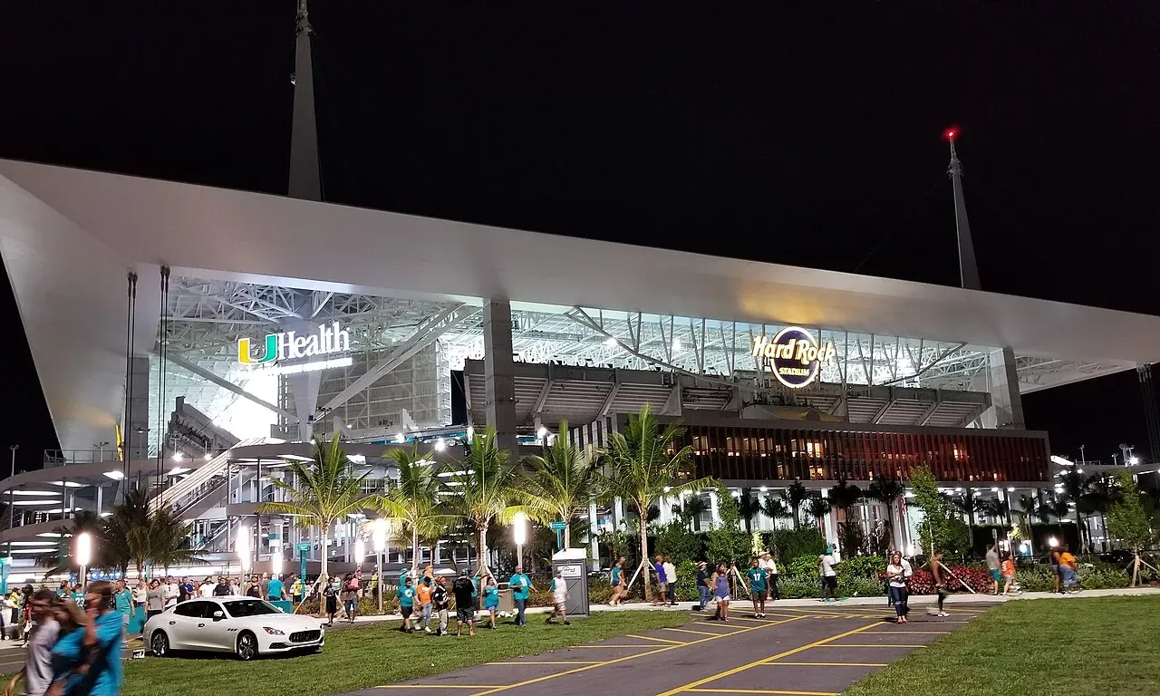 Hard Rock Stadium exterior lit up on game night, Miami Gardens