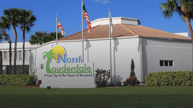 North Lauderdale City Hall and city monument sign in North Lauderdale, Florida