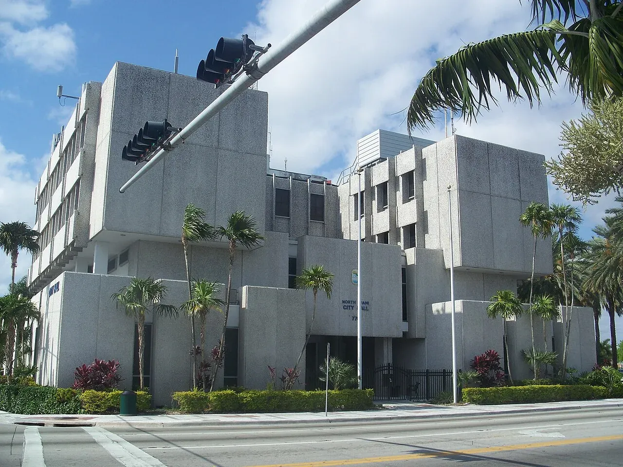 North Miami City Hall with palms on sunny day, North Miami