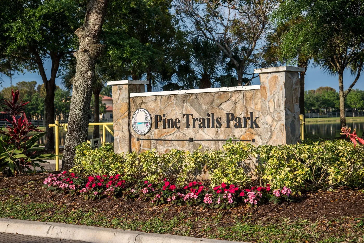 Landscaped entrance to Pine Trails Park in Parkland, Florida