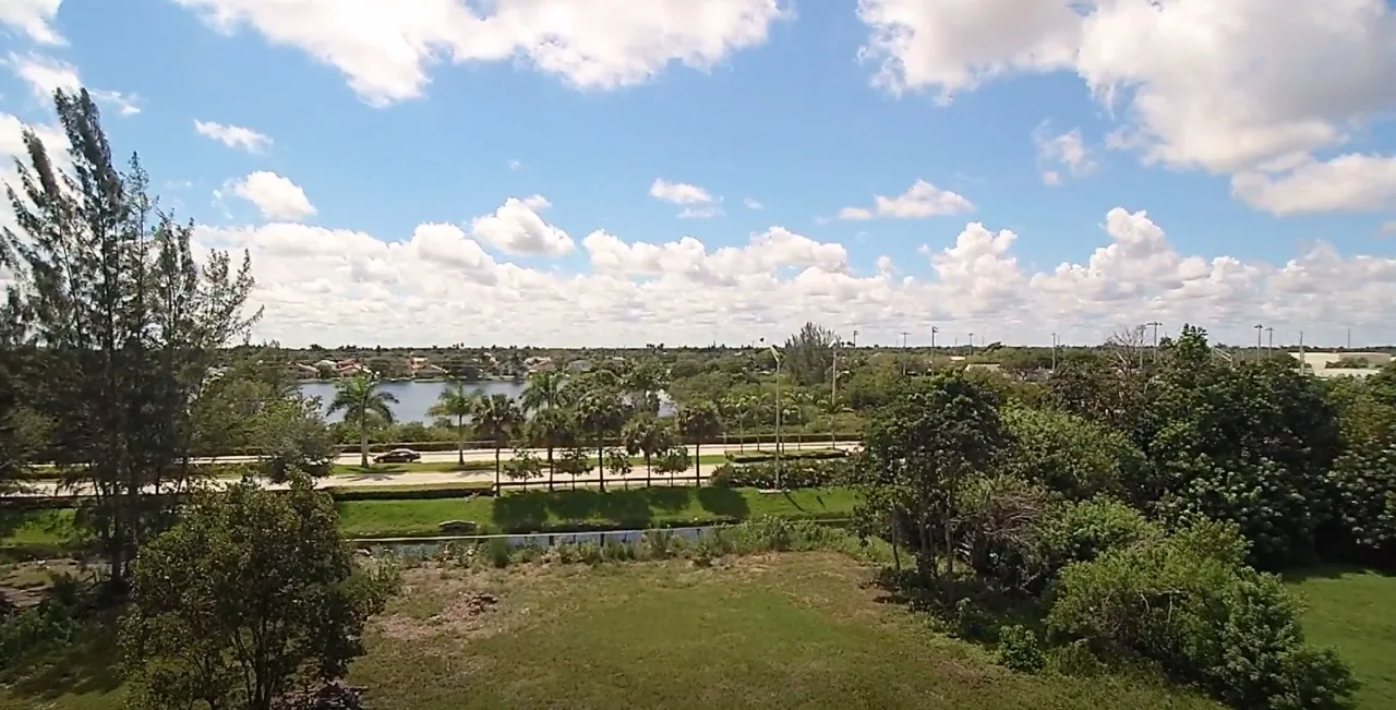 Elevated view of tree-lined Sheridan Street and lake, Southwest Ranches, FL
