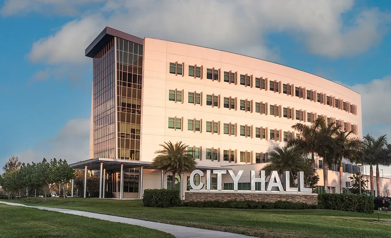 Sunrise City Hall with palms at golden hour, Sunrise