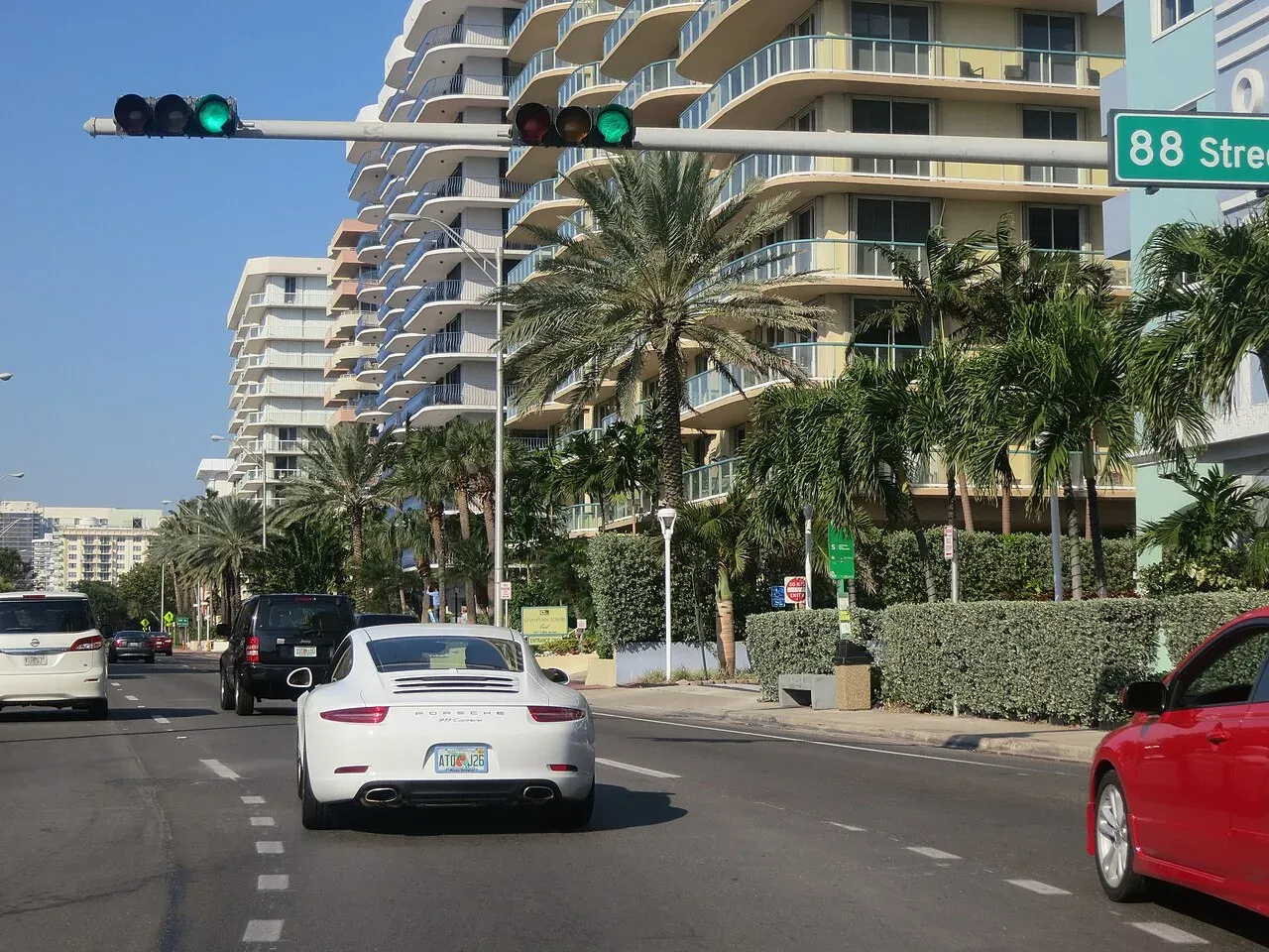 Collins Avenue at 88th Street with oceanfront condos, Surfside