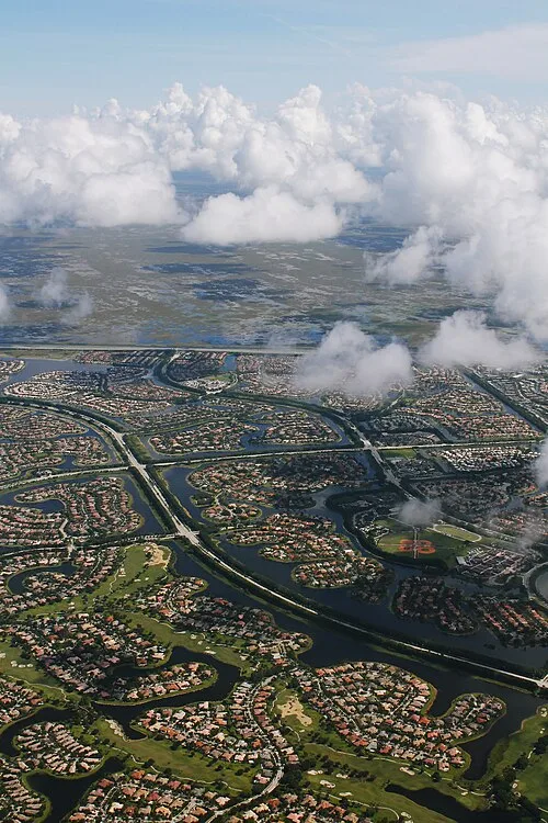 Aerial view over the lakes and neighborhoods of Weston, FL