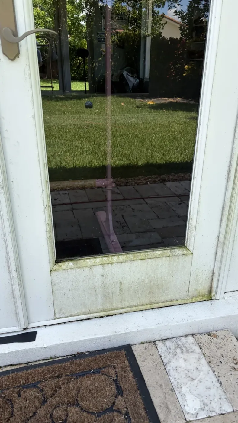 White exterior glass door, before cleaning