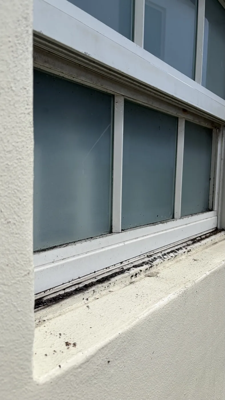 Residential window frame, before cleaning