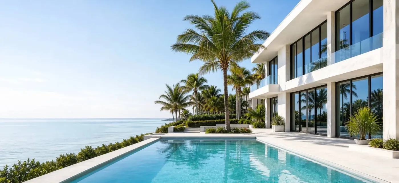 Modern South Florida waterfront home with palm trees, broad windows, and a pool